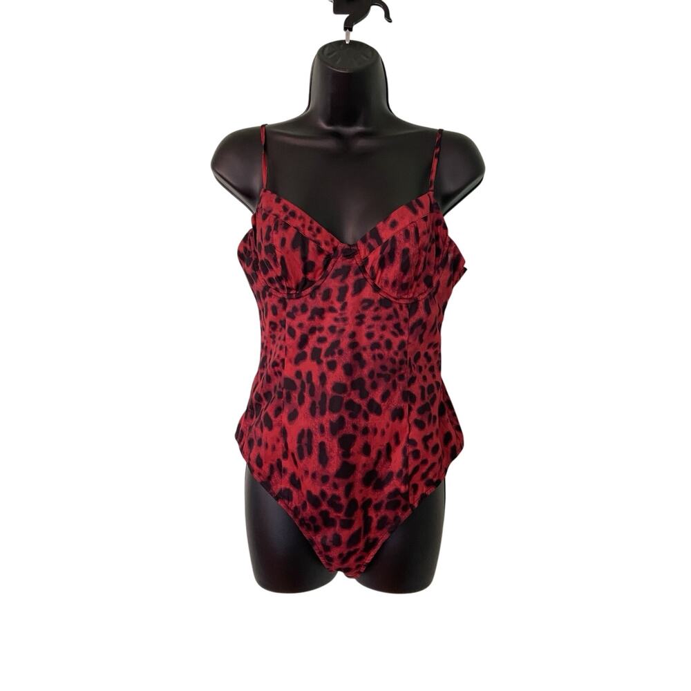 Superdown Womens Small Red Leopard Underwire Thong Bodysuit